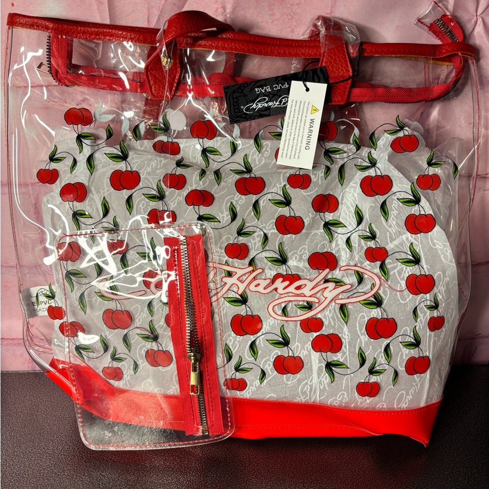 Ed Hardy Clear Tote with Red Cherry Pattern and Red Trim